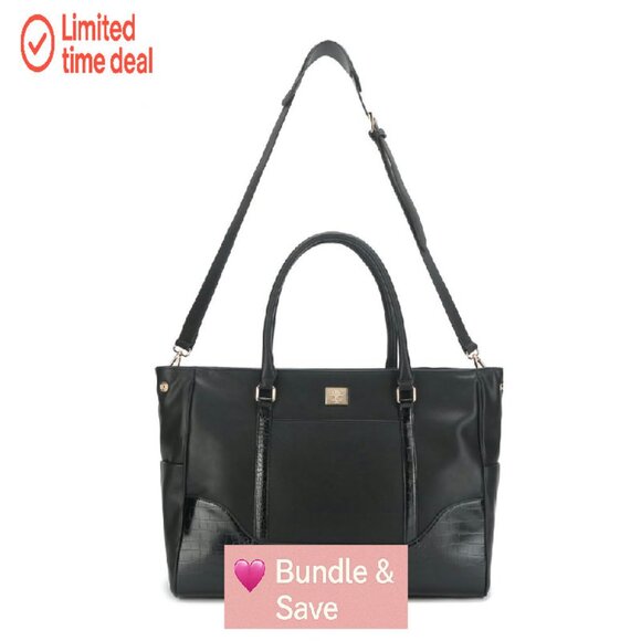 Large Vegan Leather Weekender Tote with Laptop Sleeve & Multiple Pockets